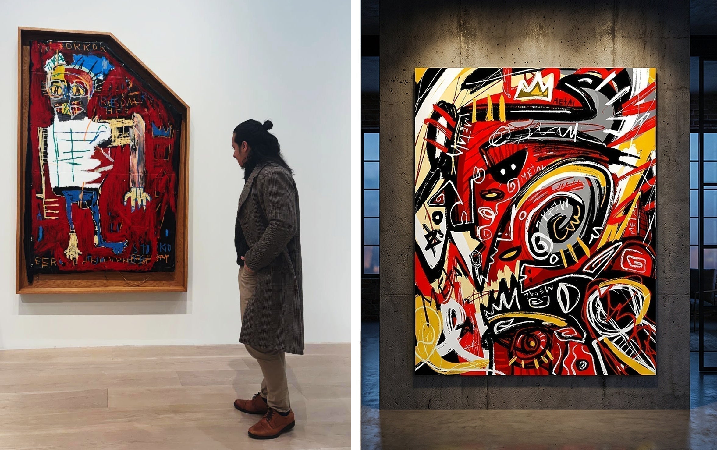 A side-by-side comparison of PH Daniel Sanchez viewing a Basquiat painting in a gallery and his own large-scale cubist demon artwork in an industrial studio.